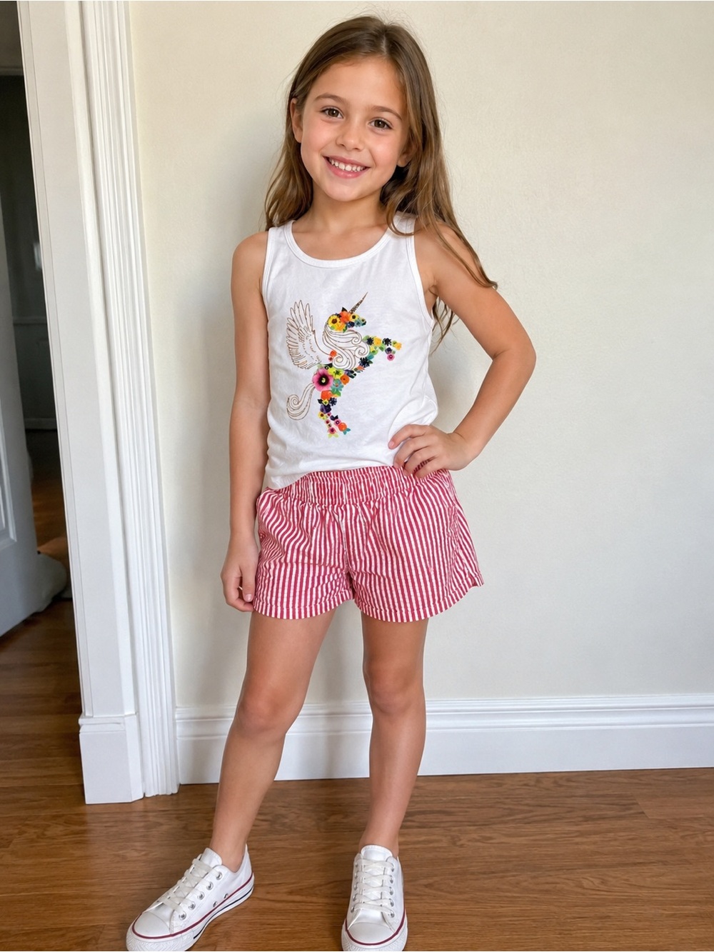 Cat & Jack White Unicorn Tank with Red & White Stripe Shorts